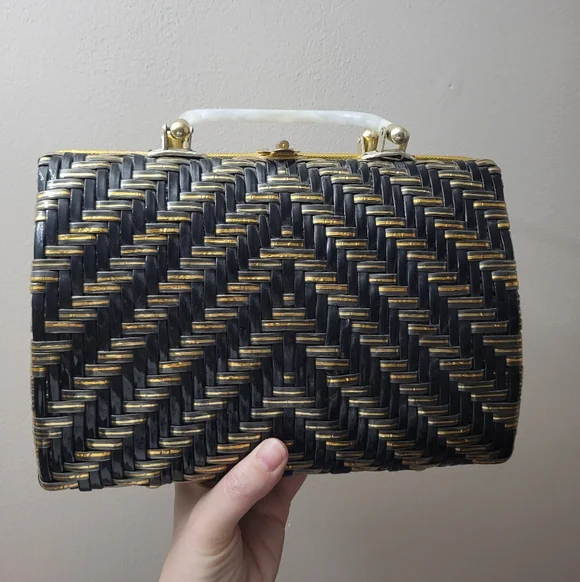 Vintage Stylecraft Black Gold Woven Plastic Handbag MCM - Picture 12 of 12